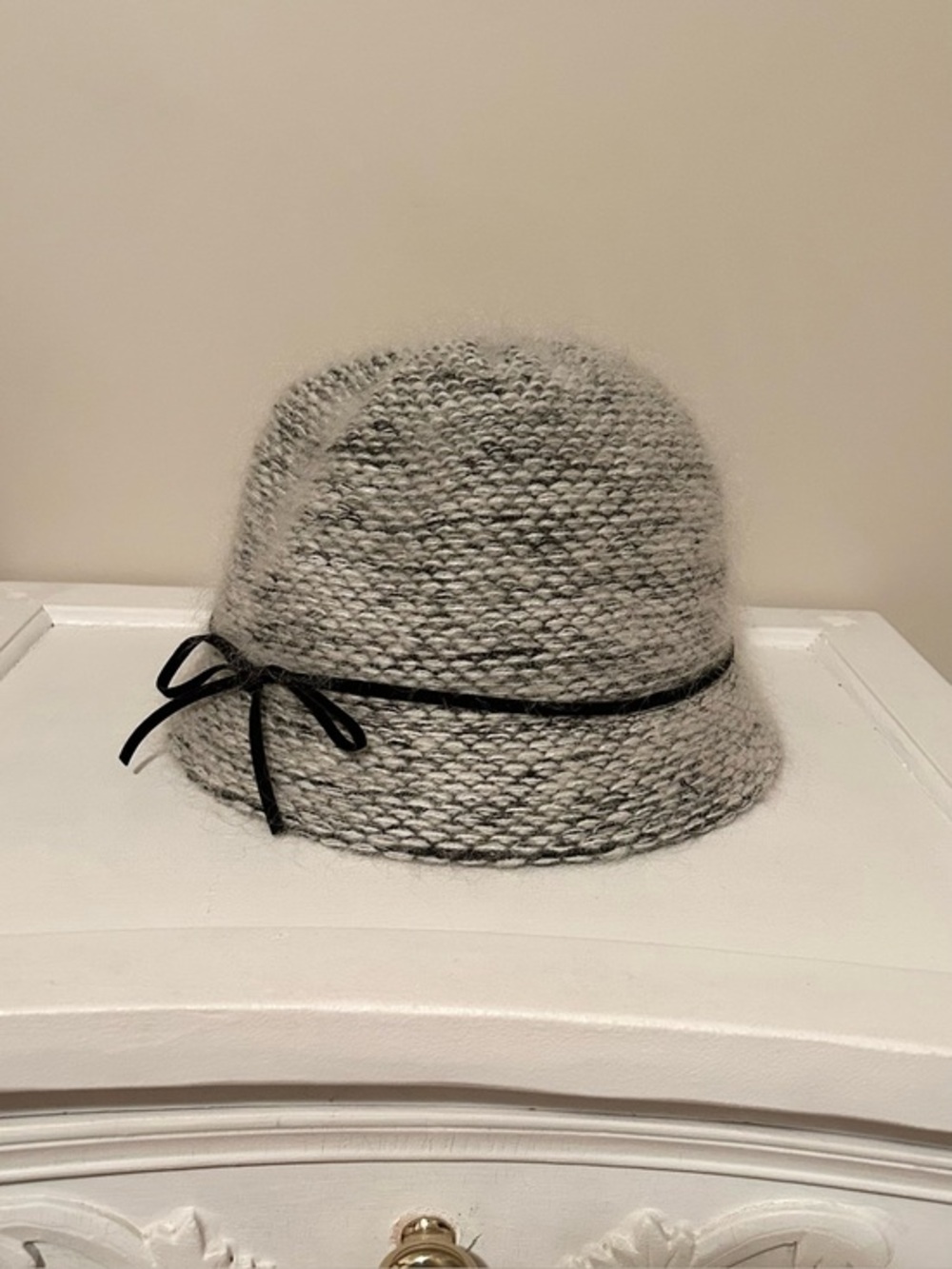 CANADIAN HAT Women Gray Knit Bucket Hat with Black Bow Trim